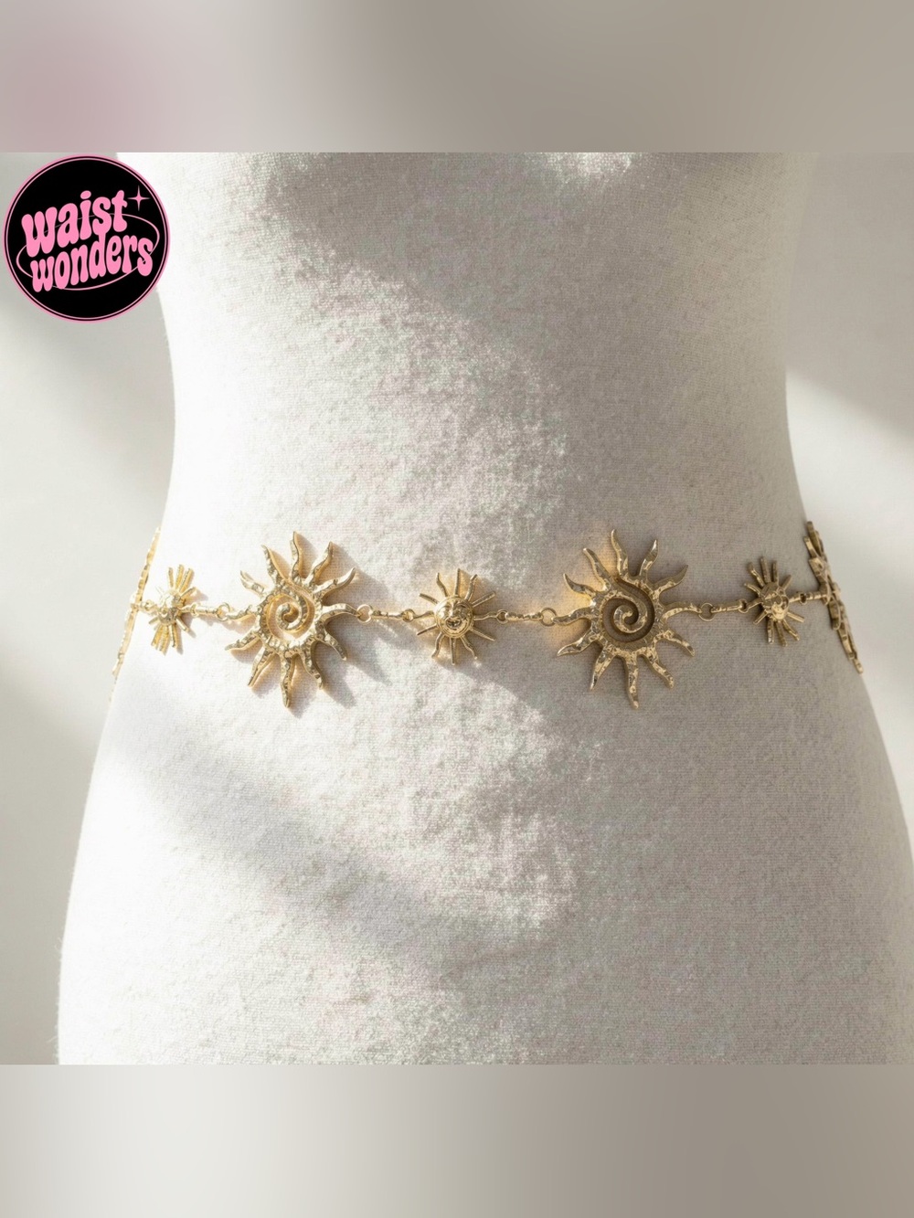 Y2K 2000s style Gold sun charm belt with adjustable chain and sunburst designs